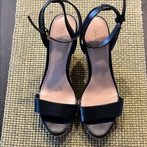 Aldo Black Leather Open-Toe Ankle-Strap Heels
